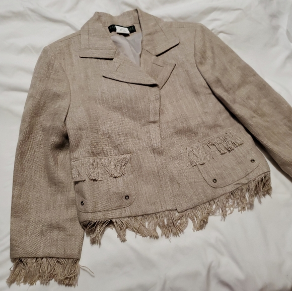 Harve Benard 100% Linen Tan Fringe Blazer Size 6 - Picture 2 of 6